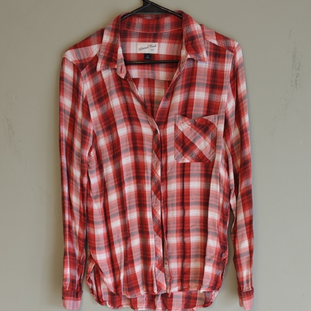 Red and White Plaid Button-Up Shirt